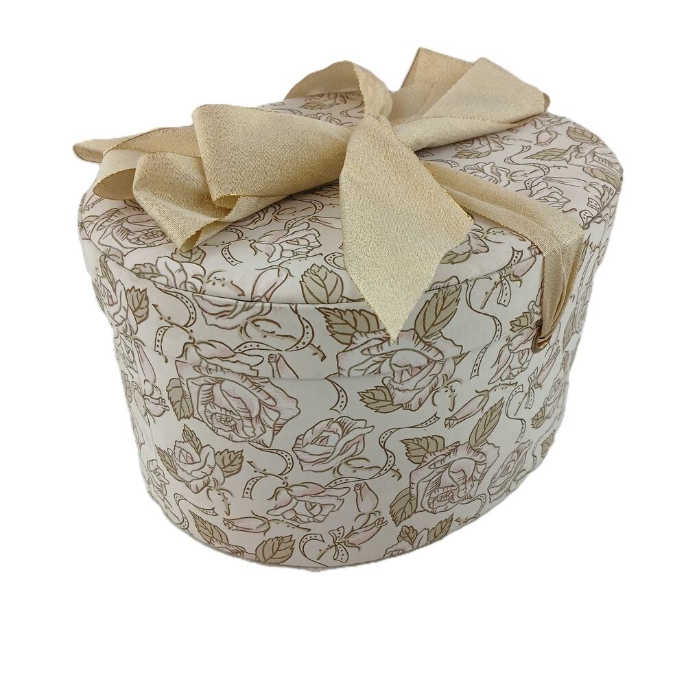 Vintage Nordstrom Oval Pillbox Hat Box Floral Fabric Ribbon Storage Case w/ Lid